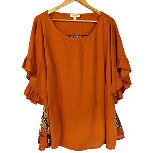 Umgee Sunset Floral Flowy Burnt Orange Linen‎ Blend Blouse Boho Bohemian